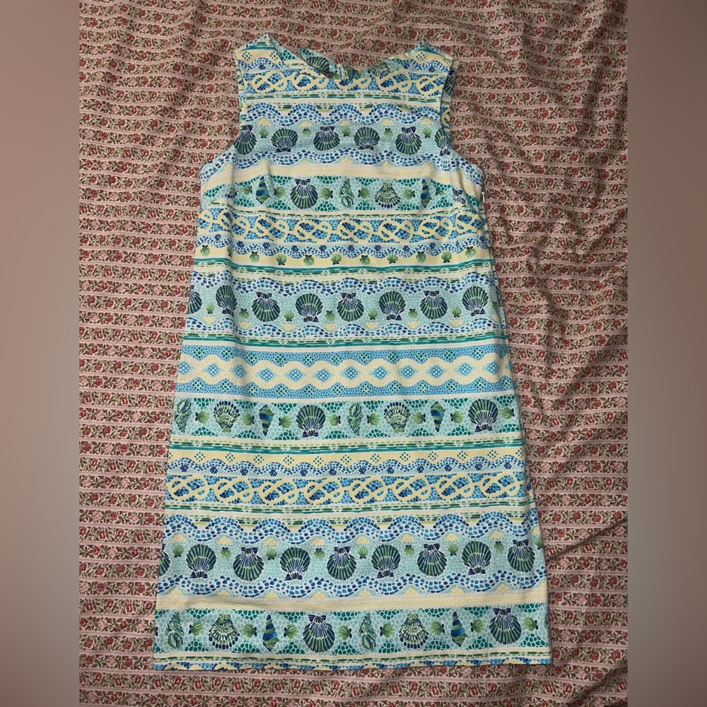 Talbots Coastal Shift Dress Seashell Mosaic Open Bow Back Beachy 8 Petite